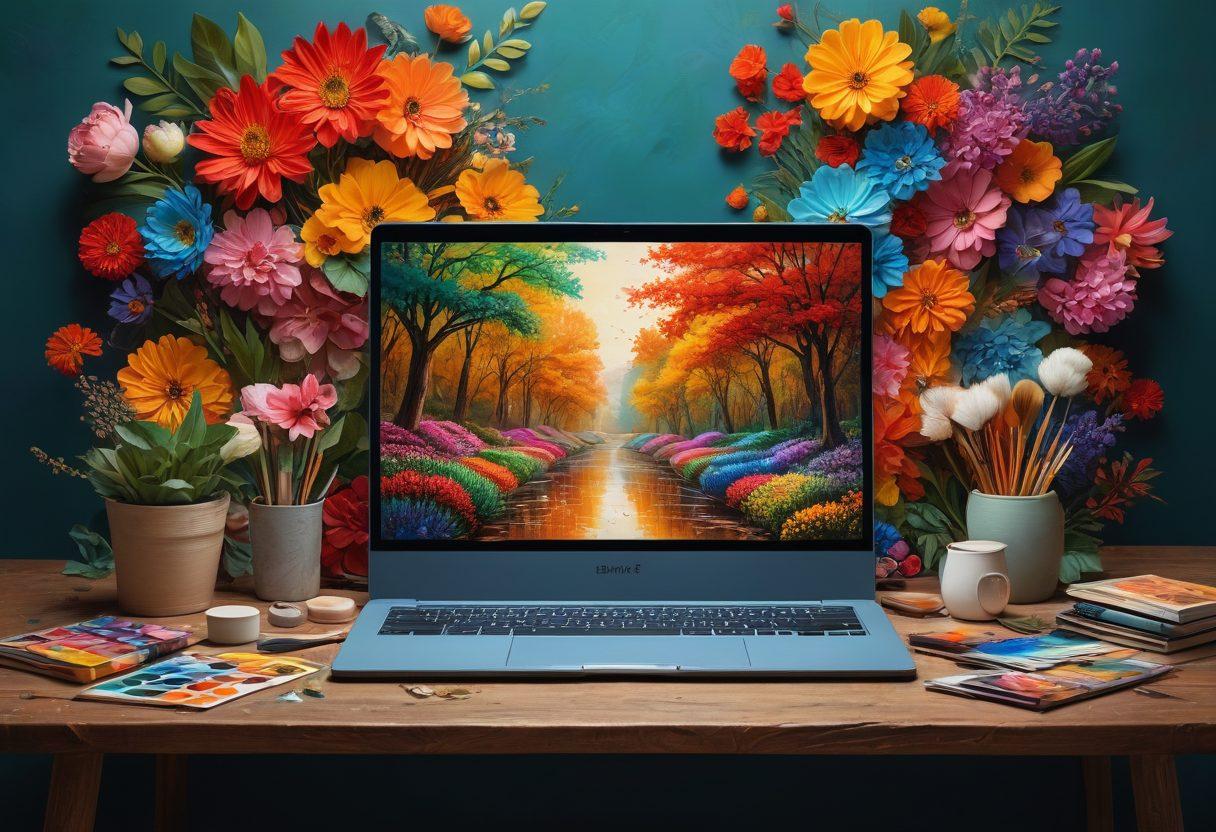 A collage of various aesthetic images symbolizing engagement in content creation, featuring an artist painting on a canvas surrounded by vibrant resources like photography, digital art, and nature. Incorporate elements such as bright colors, creative tools, and hints of technology to emphasize the harmony between art and innovation. super-realistic. vibrant colors. 3D.