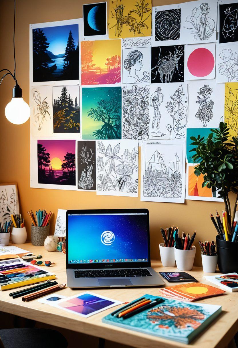 A vibrant workspace filled with art supplies, sketches, and a laptop screen displaying stunning graphic designs. In the foreground, an artist passionately working on transforming a simple photo into a breathtaking masterpiece. Surrounding them are colorful mood boards and design elements, showcasing the evolution of art through graphic design. Bright, creative atmosphere capturing the essence of artistic growth. super-realistic. vibrant colors. warm lighting.
